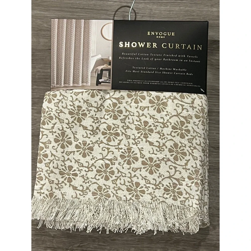 New Envogue Home Fabric Shower Curtain Textured Cotton Brown Floral Print Fringe